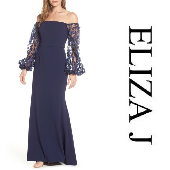 off the shoulder 3d floral sleeve scuba crepe evening dress